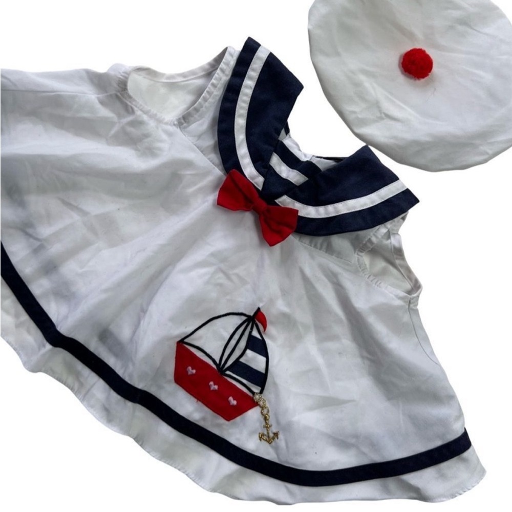 Vintage 1990s Embroidered Sailboat Nautical Sailor Pleated Tunic Top Dress & Hat